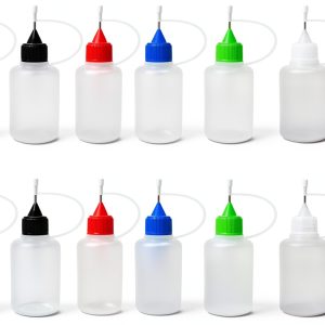 12 Pcs Precision Tip Applicator Bottles, 1 Ounce Translucent Glue Bottles, with 2 Mini Funnel for Paper Quilling DIY Craft, Multicolor Lids-0