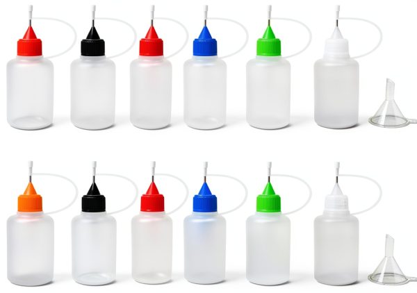 12 Pcs Precision Tip Applicator Bottles, 1 Ounce Translucent Glue Bottles, with 2 Mini Funnel for Paper Quilling DIY Craft, Multicolor Lids-0